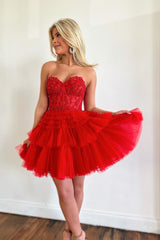 Princess A Line Sweetheart Red Corset Homecoming Dress with Ruffles