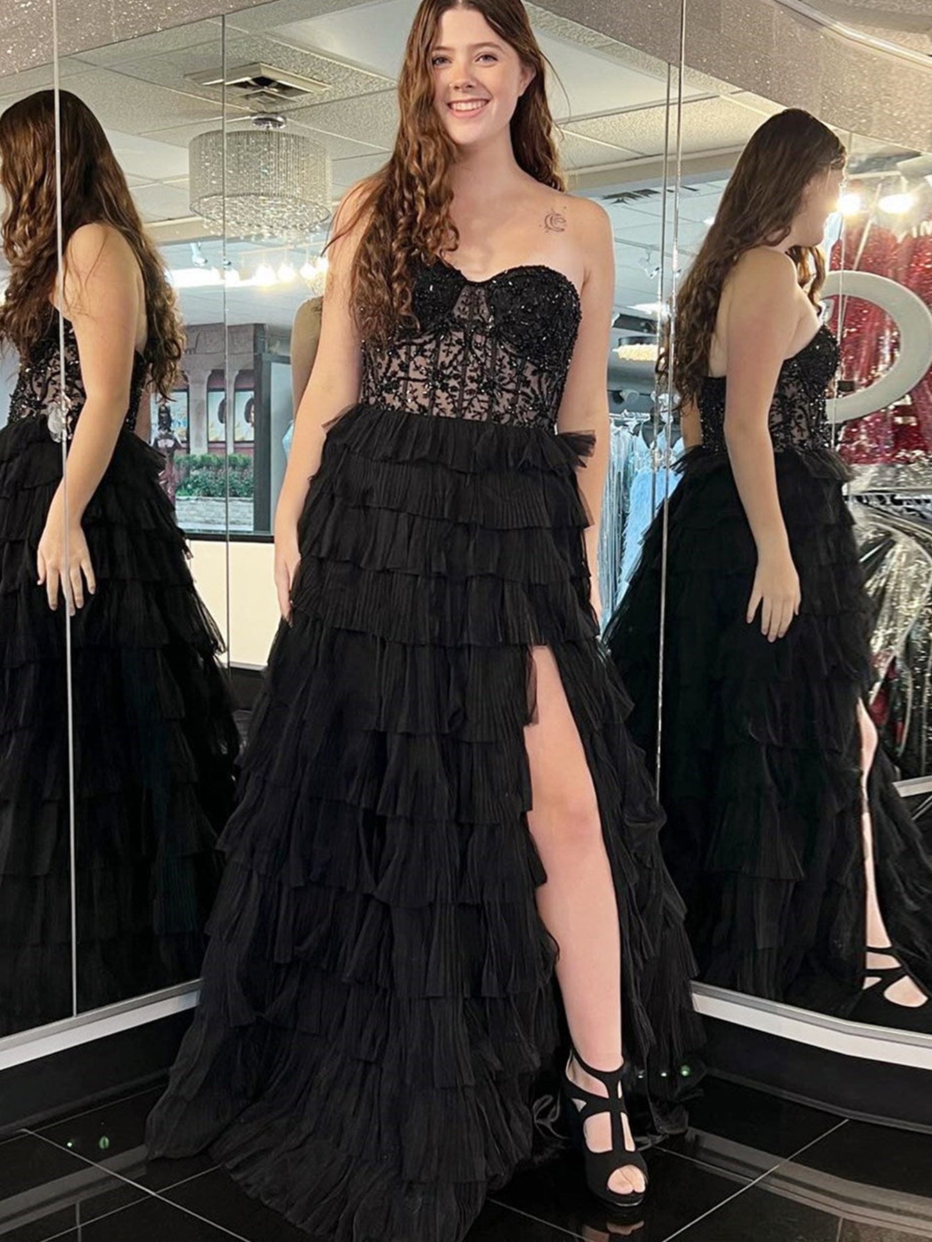 Black A Line Off The Shoulder Tiered Long Prom Dress