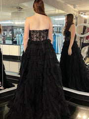 Black A Line Off The Shoulder Tiered Long Prom Dress