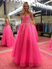 V Neck Pink A Line Lace Long Prom Dress