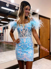 Off The Shoulder Light Blue Feather Bodycon Short Homecoming Dress