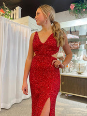 V Neck Mermaid Red Backless Long Prom Dress With Slit