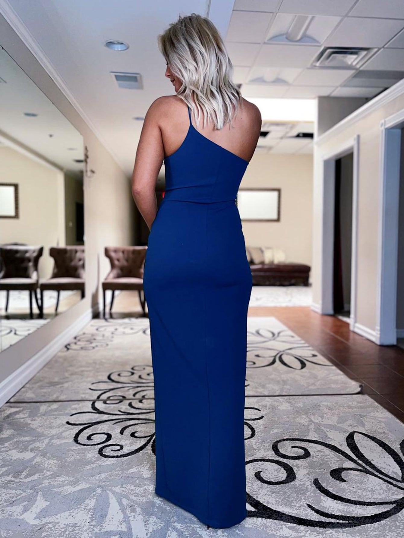 One Shoulder Long Prom Royal Blue Backless Dress with Slit