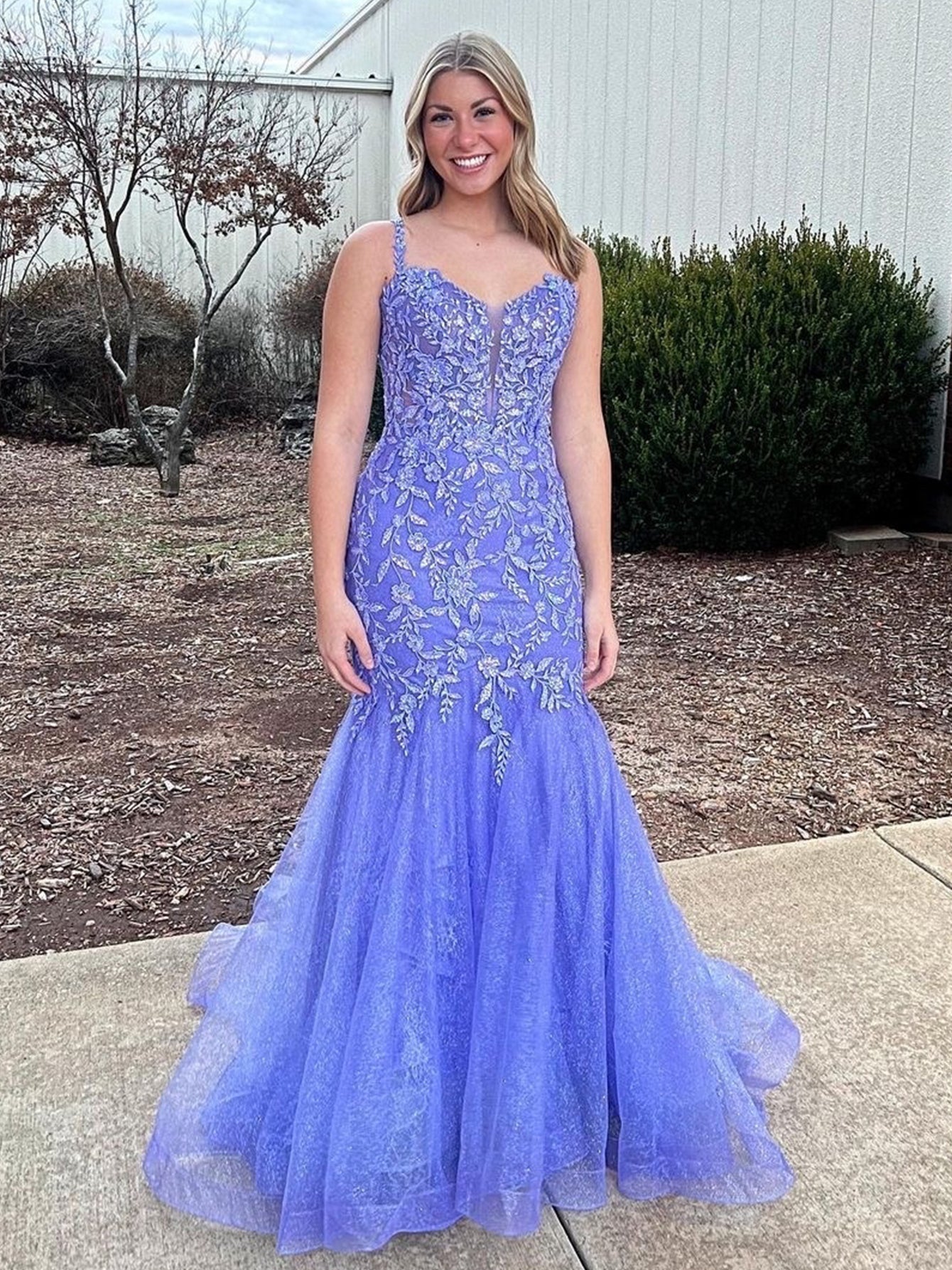 Purple Mermaid V Neck Floral Long Prom Dress With Applique