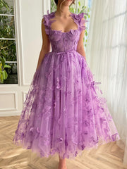 Lilac Corset Tulle Midi Prom Dress with 3D Butterflies