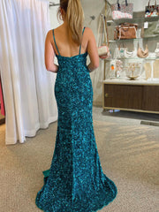 Mermaid Peacock Blue Backless Long Prom Dress With Slit
