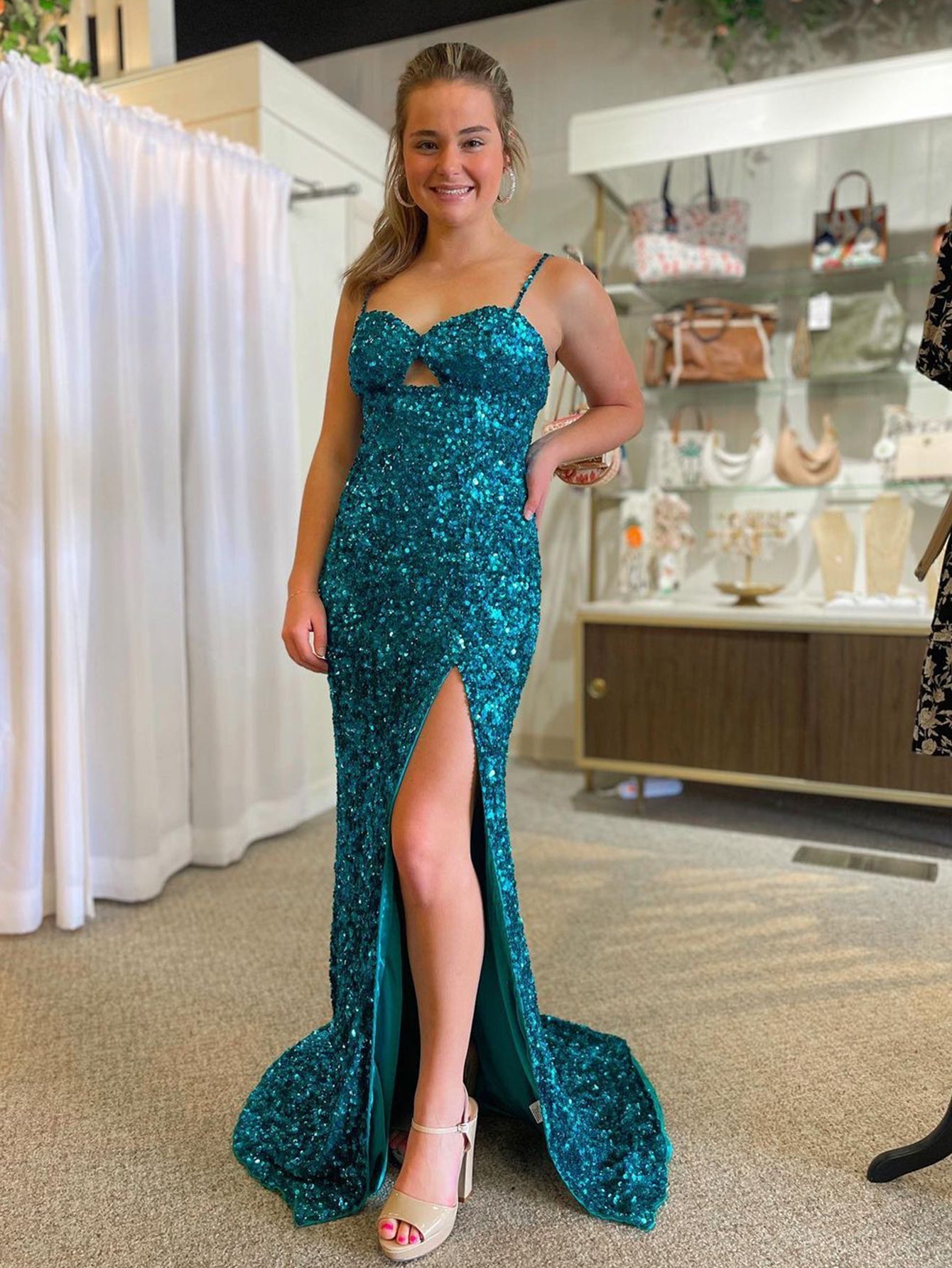 Mermaid Peacock Blue Backless Long Prom Dress With Slit