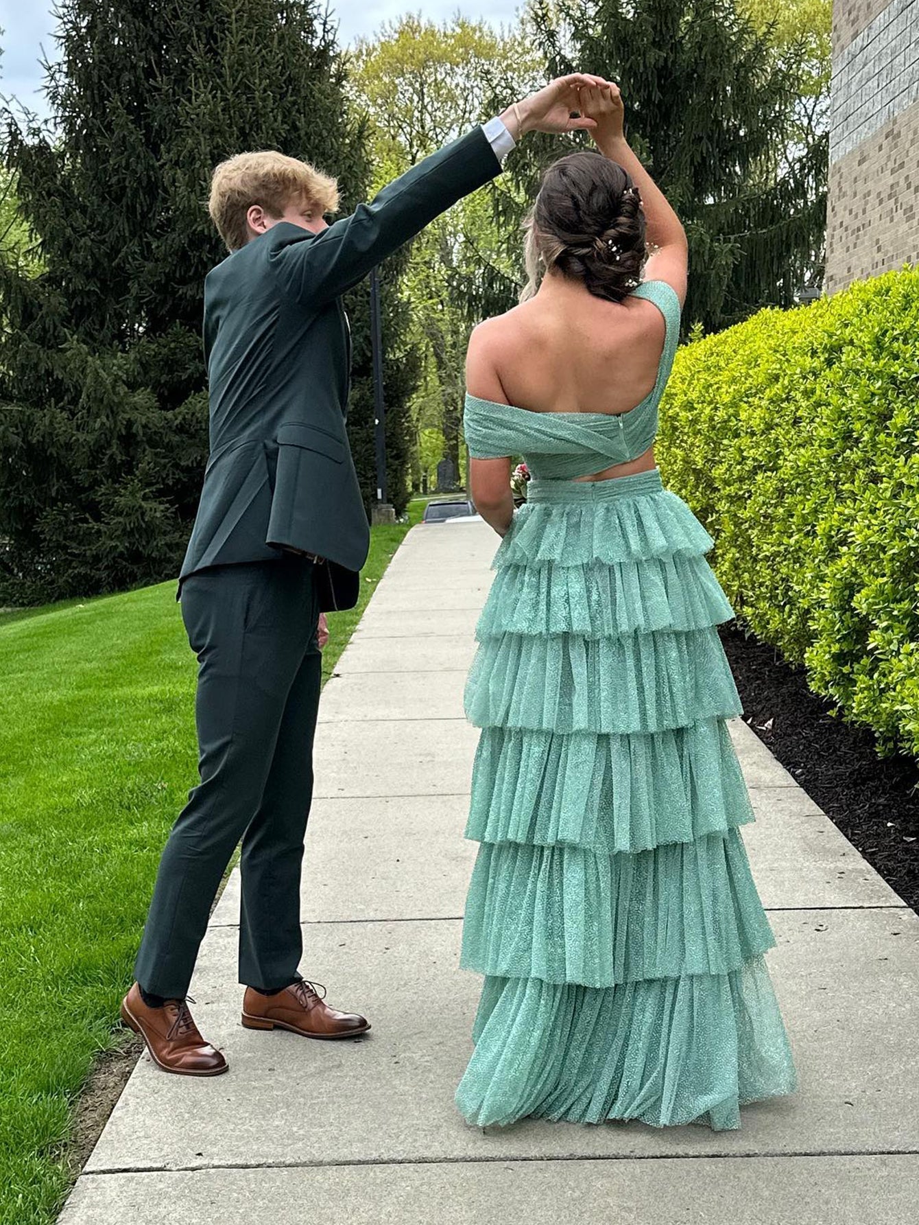 A Line Green Two Pieces Long Prom Dress