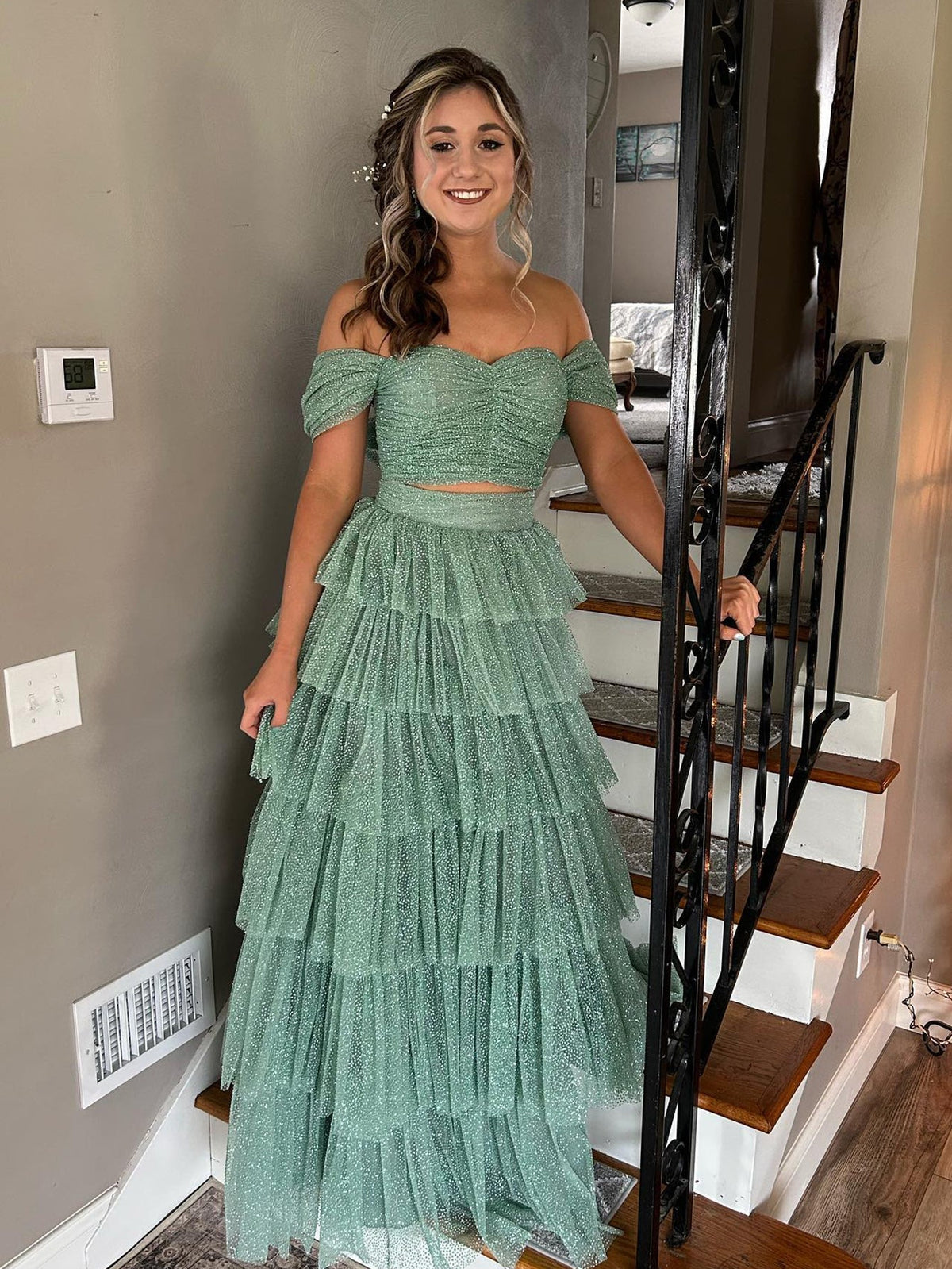 A Line Green Two Pieces Long Prom Dress