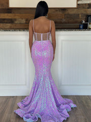 Mermaid V Neck Light Purple Backless Long Prom Dress