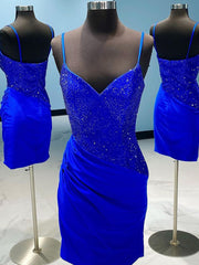 Glitter Royal Blue Paneled V Neck Short Homecoming Dress