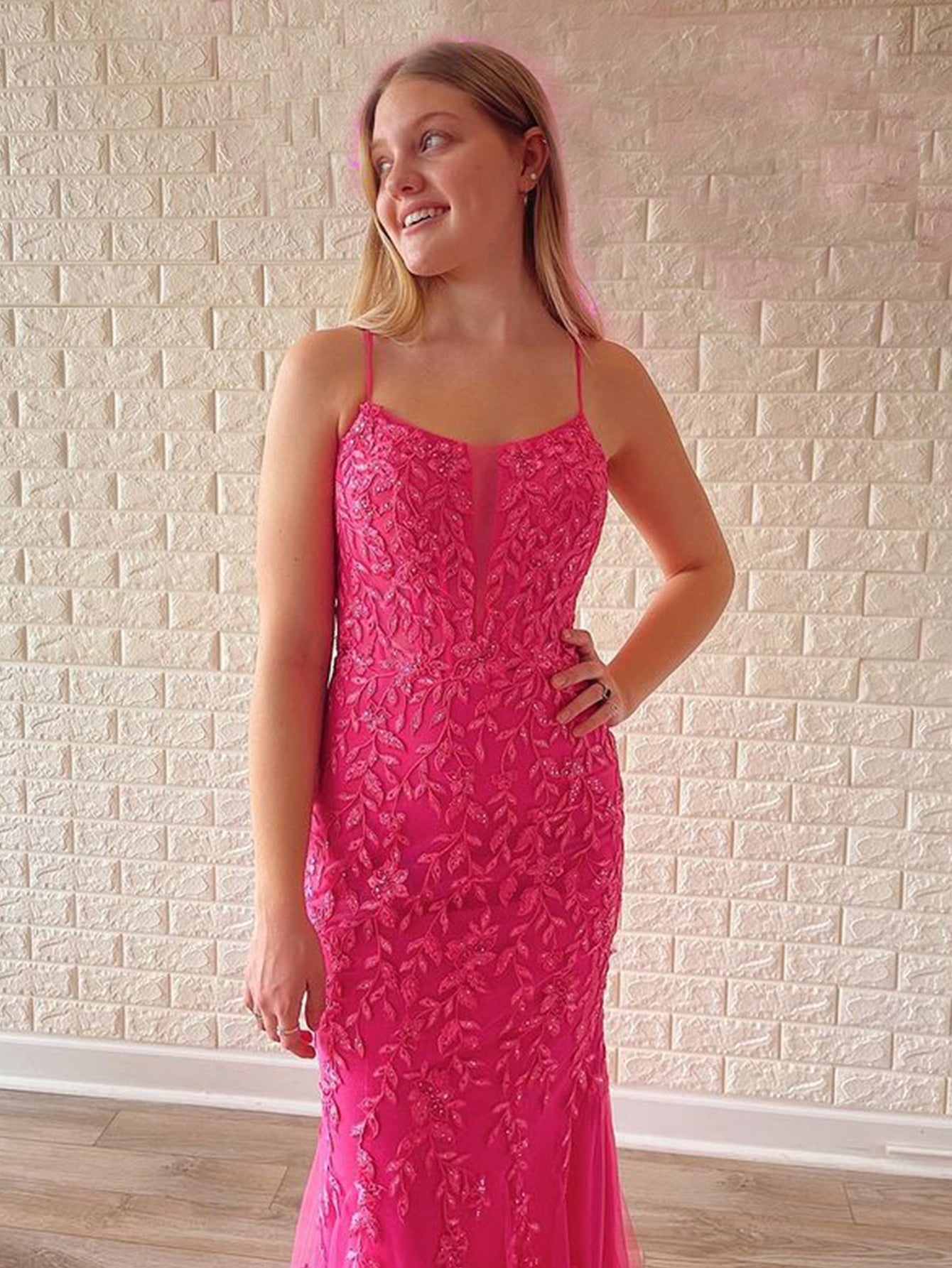 Pink Floral Lace Long Prom Dress