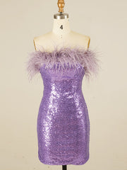 Sparkly Strapless Purple Homecoming Short Dress With Feathers