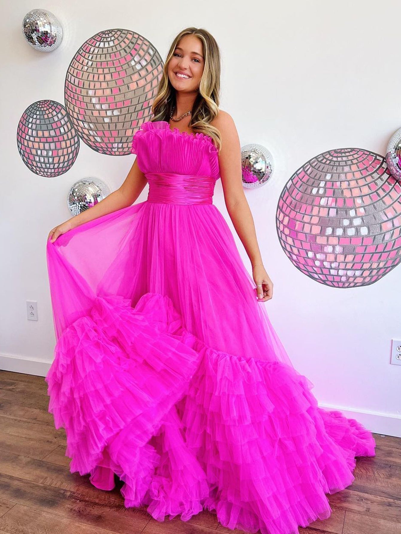 Strapless Pink Off The Shoulder A-Line Tiered Long Prom Dress