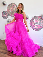 Strapless Pink Off The Shoulder A-Line Tiered Long Prom Dress