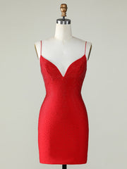 Glitter Sparkly Red Spaghetti Straps Homecoming Short Dress