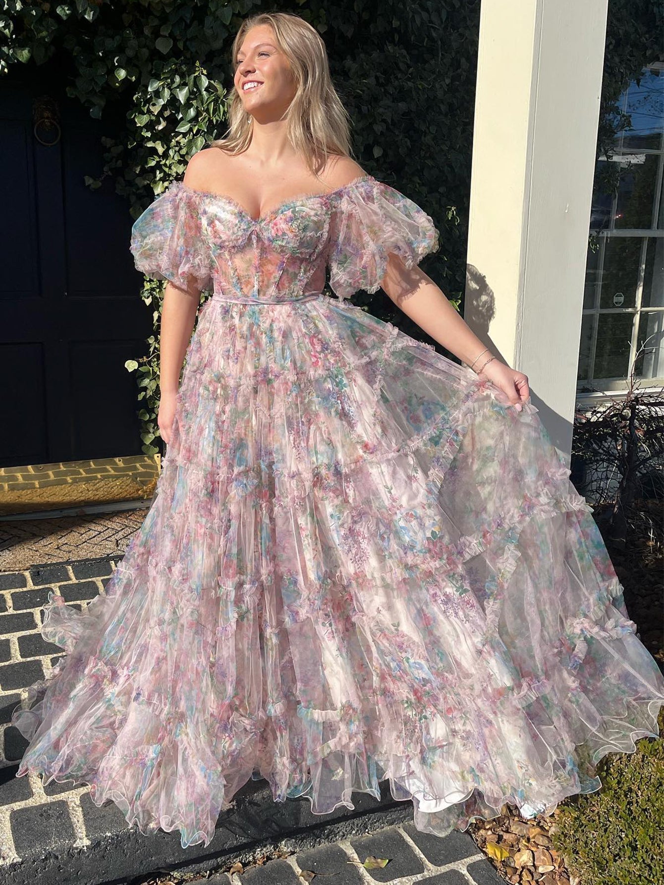 A Line Floral Strapless Tulle Long Prom Dress
