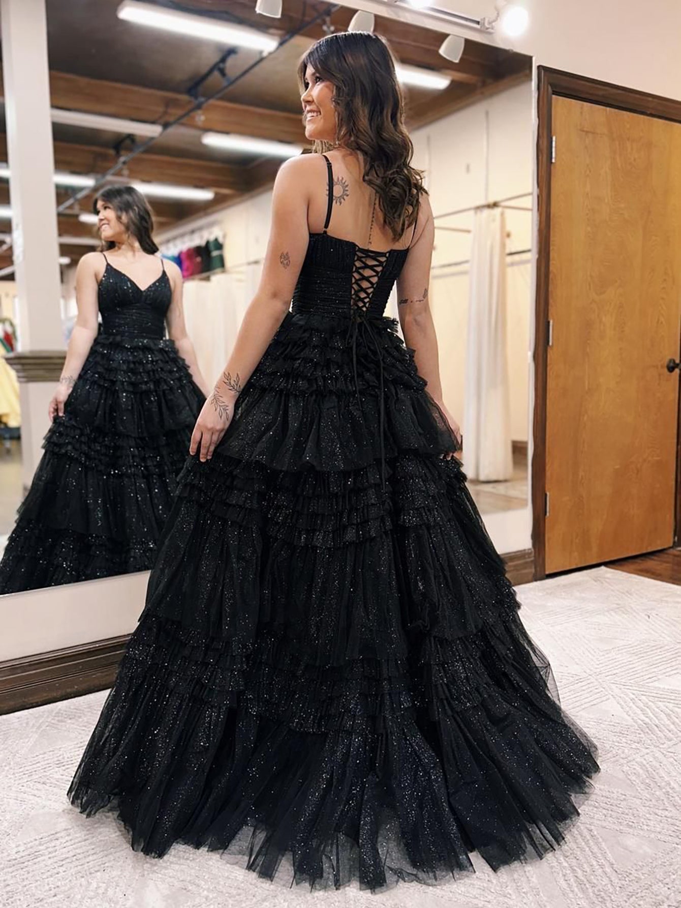 Black A-Line Deep V Neck Tiered Long Prom Dress
