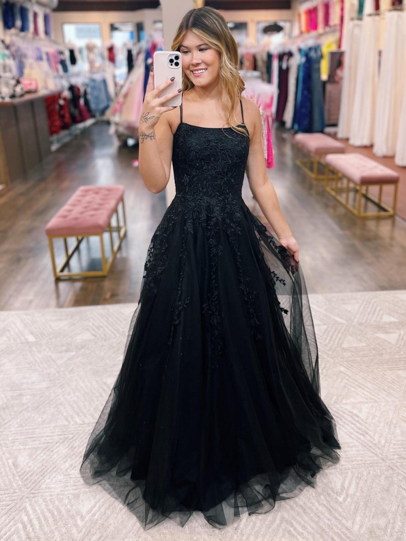 A Line Black Spaghetti Straps Lace Long Prom Dress