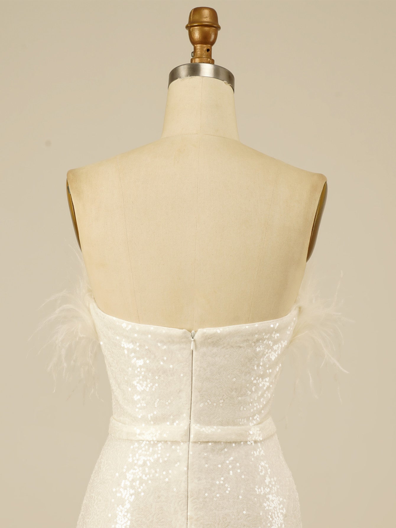 Sparkly Strapless White Homecoming Short Dress With Feathers