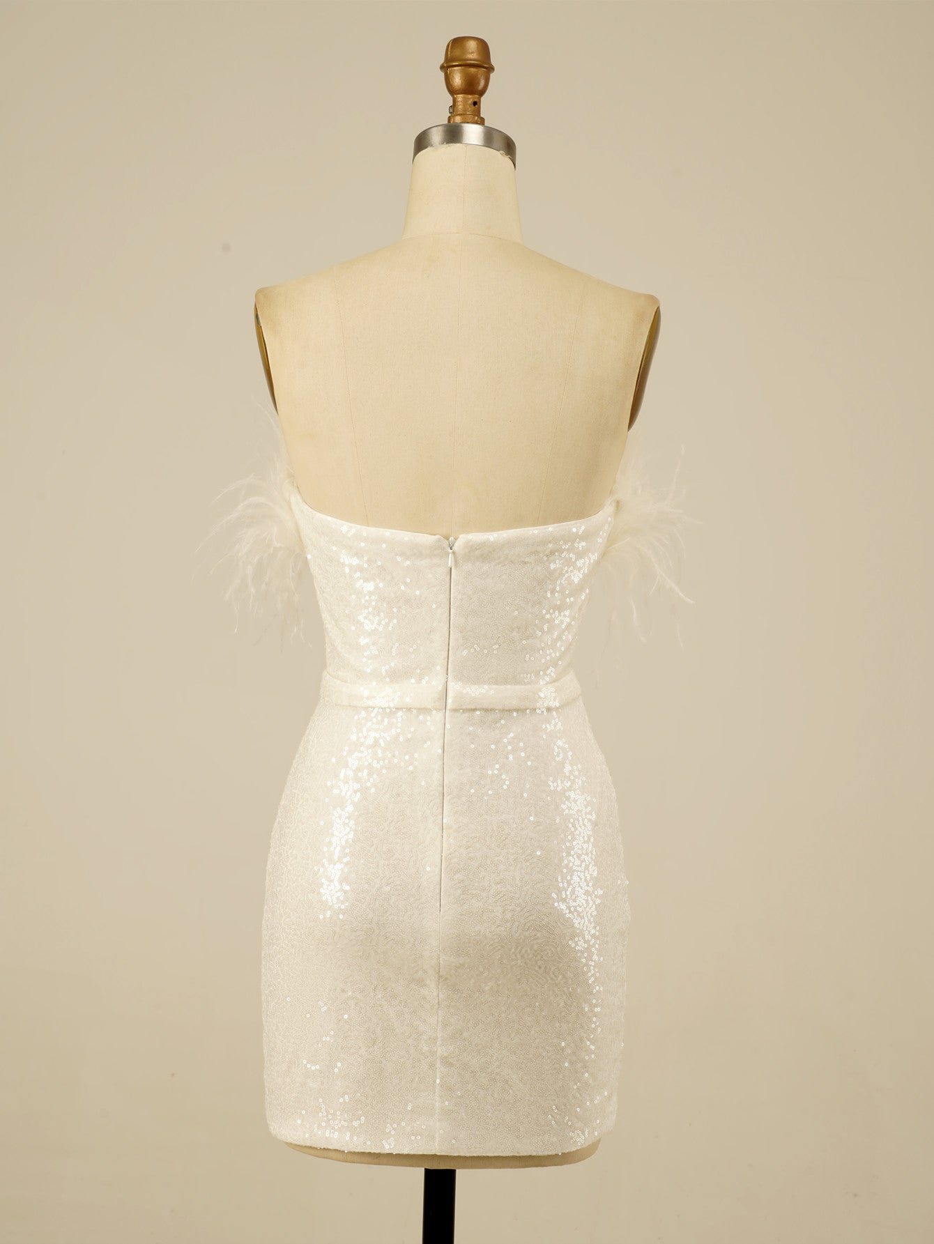 Sparkly Strapless White Homecoming Short Dress With Feathers
