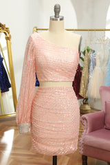 Pink Two Piece Sequin Homecoming Dress