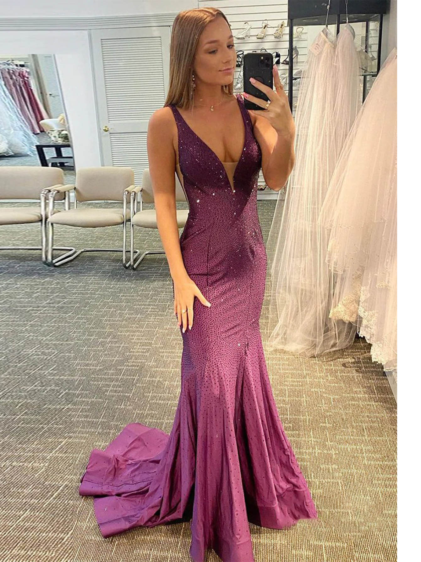 Mermaid V Neck Sleeveless Purple Bodycon Long Prom Dress