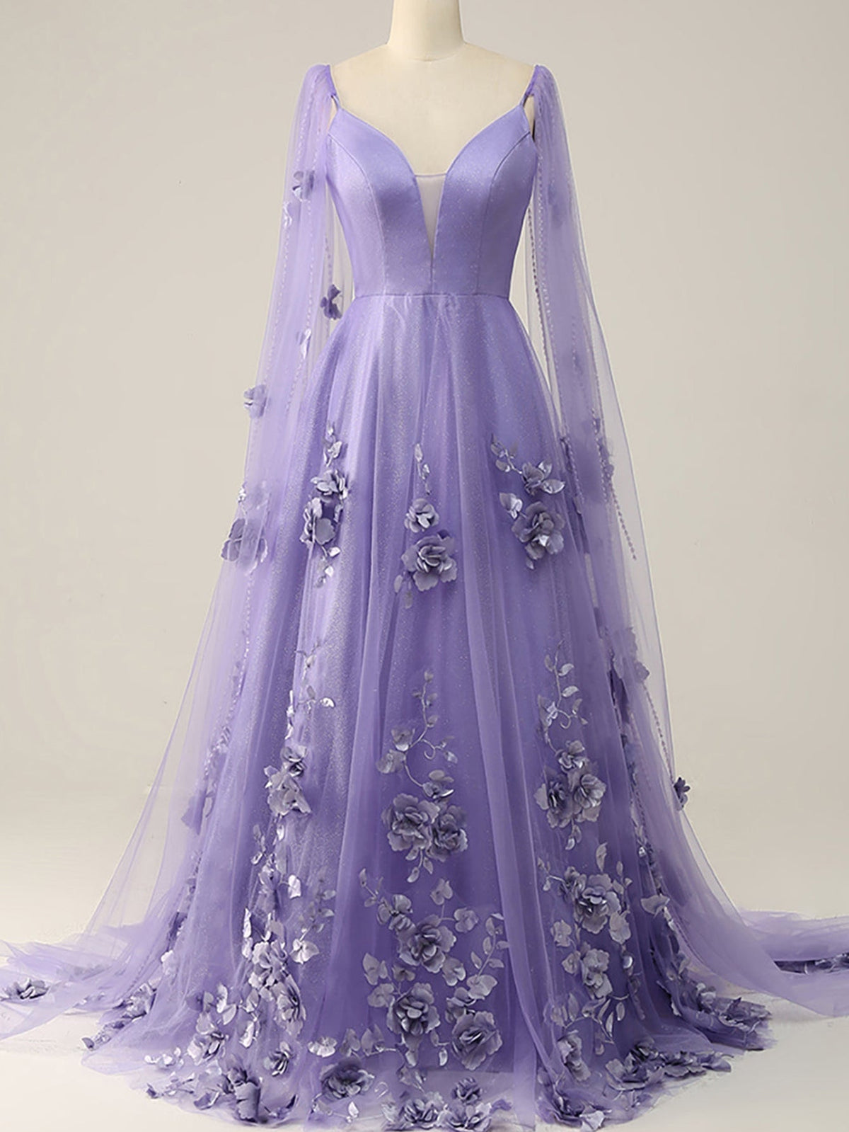 Purple  A Line Puffy Floral Tulle Long Prom Dress With Applique