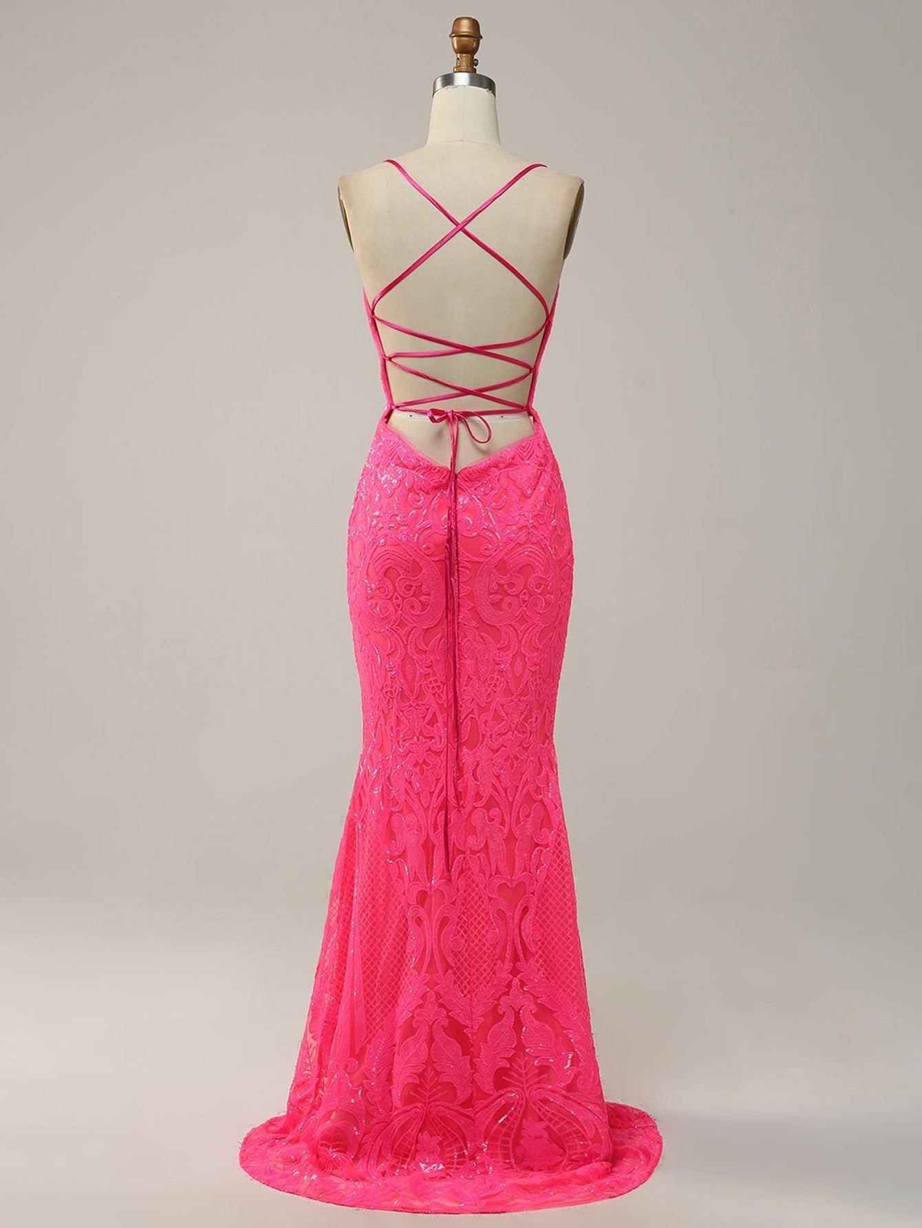 Pink V Neck Glitter Backless Mermaid Bodycon Long Prom Dress
