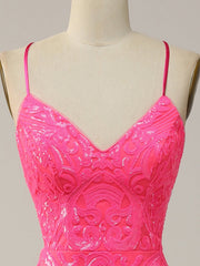Pink V Neck Glitter Backless Mermaid Bodycon Long Prom Dress