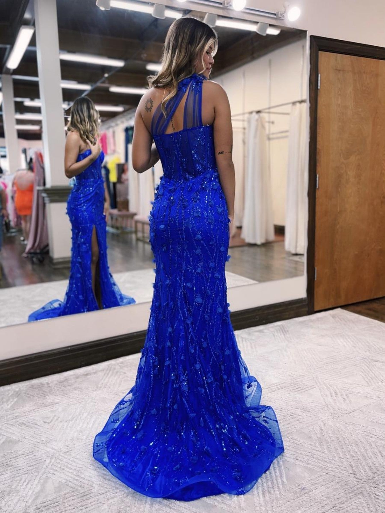 Mermaid Royal Blue One Shoulder Floral Tulle Long Prom Dress