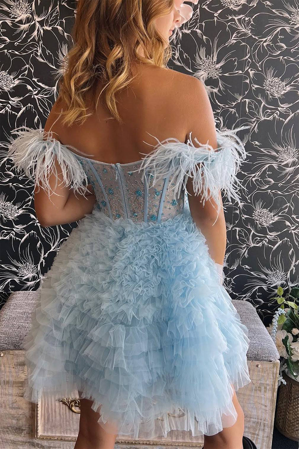 A Line Off the Shoulder Light Blue Short Homecoming Dress with Feather