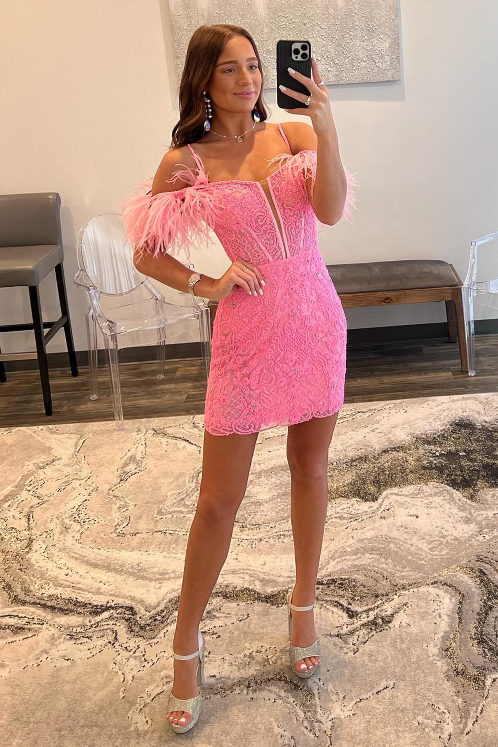 Sheath Off the Shoulder Hot Pink Short Homecoming Dress with Feather