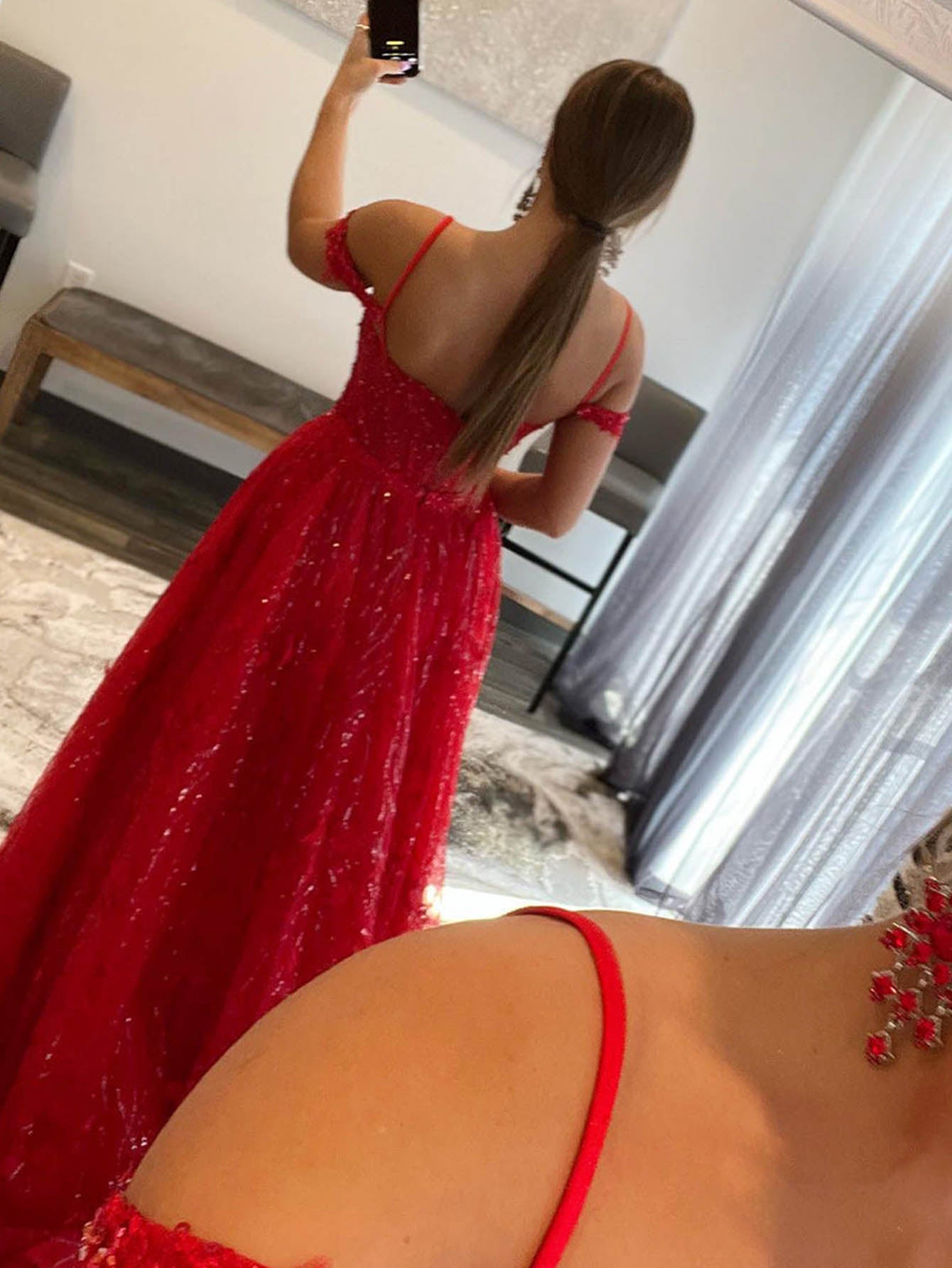 Spaghetti Straps Embroidery A-Line Red Long Prom Dress