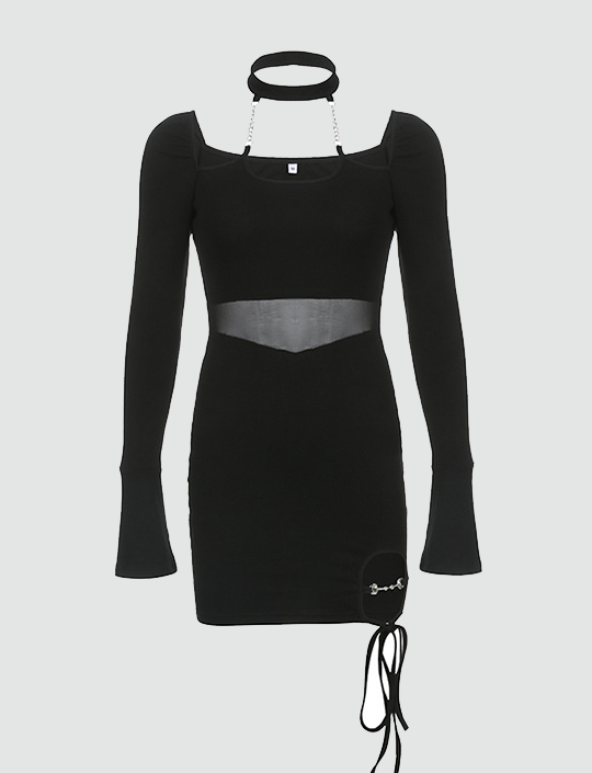 Mesh Panel Cutout Long Sleeve Black Bodycon Short Dress