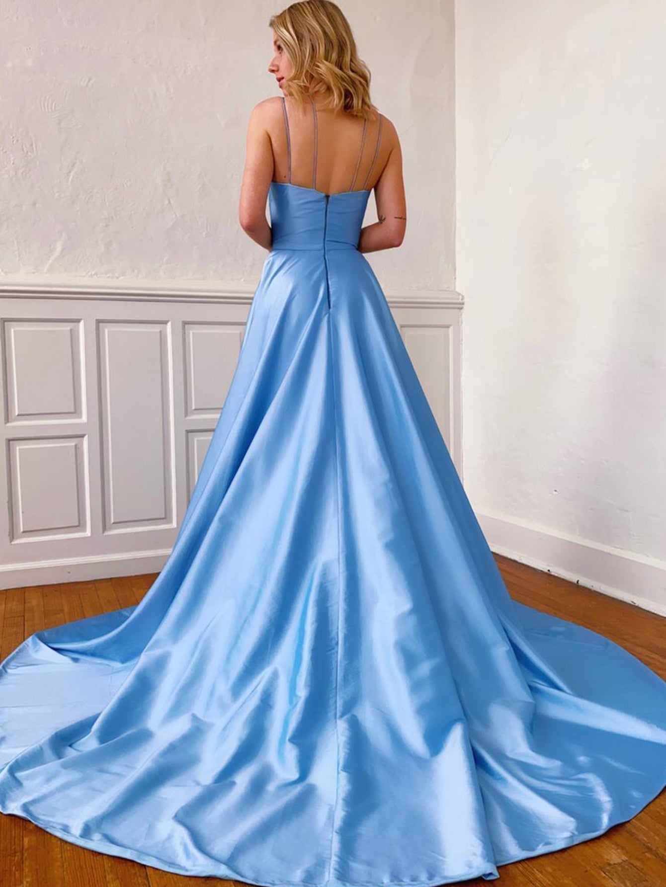 Light Light Blue Satin A Line Tight Long Prom Dress With Slit