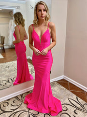Pink Satin Tight V Neck Long Prom Dress