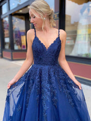 A Line Dark Blue Lace Long Prom Dress