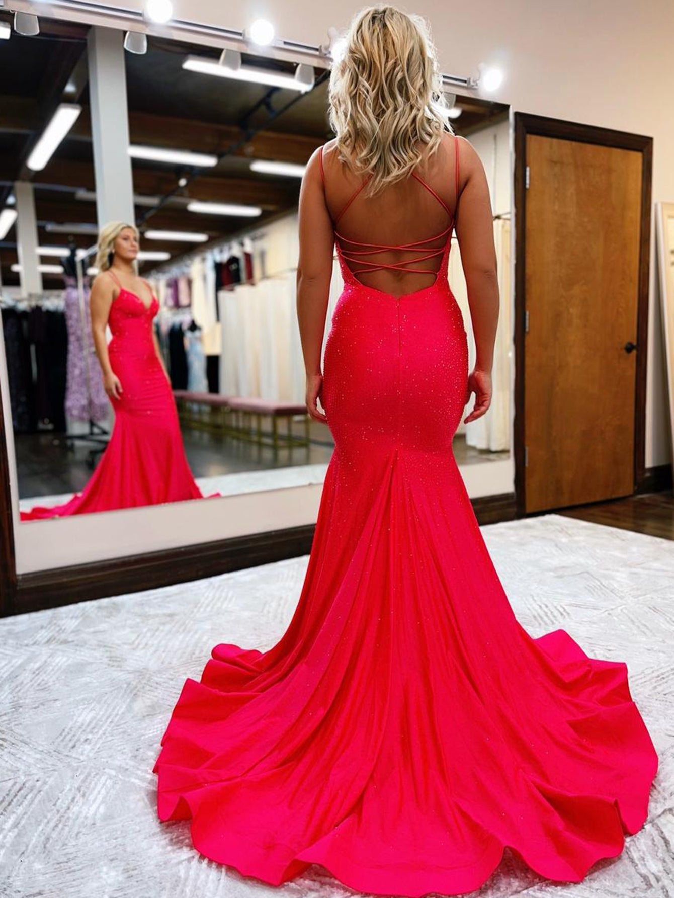 Sparkly Mermaid V Neck Red Long Prom Dress