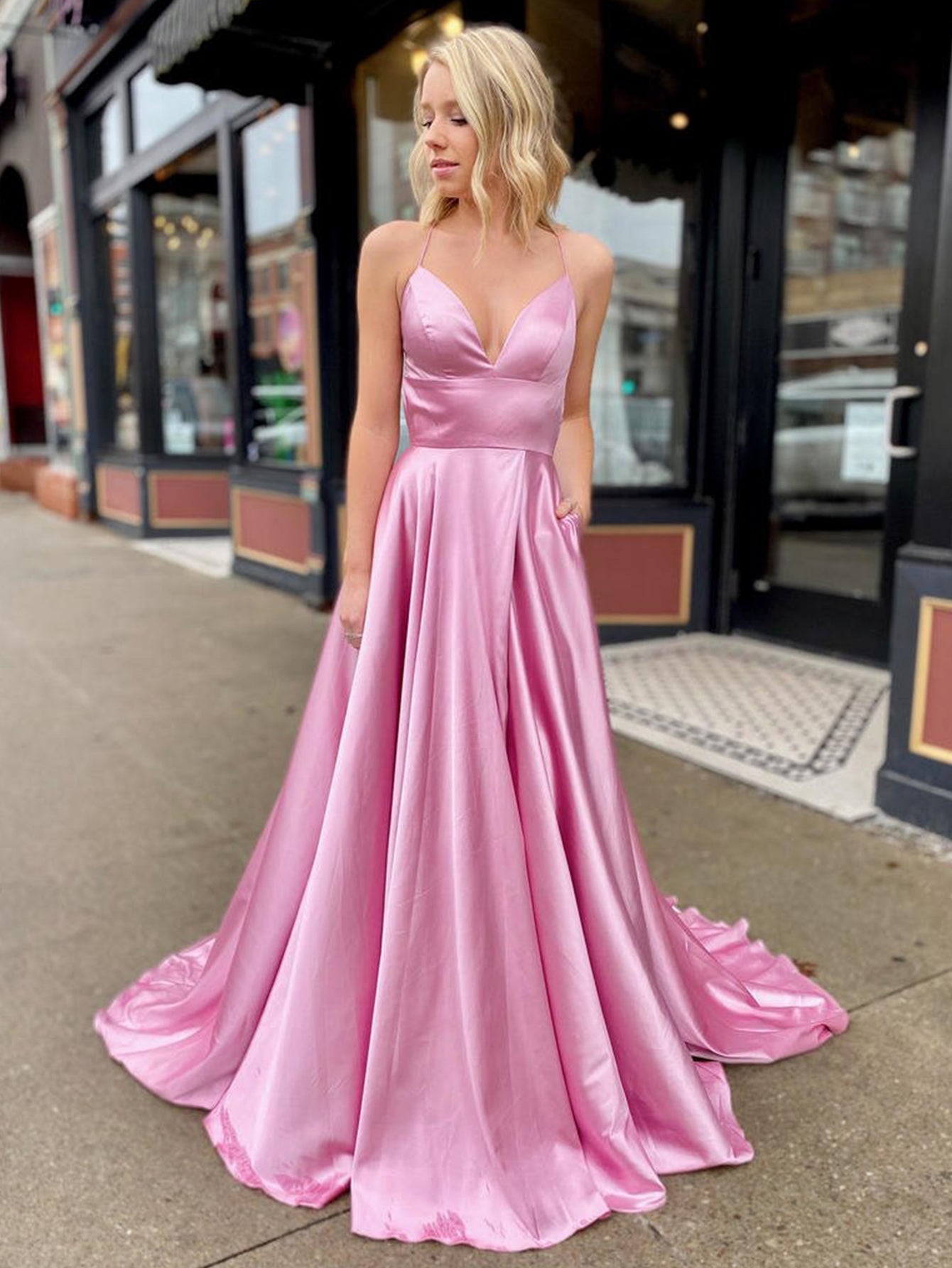 Pink Satin A Line Tight Long Prom Dress With Slit