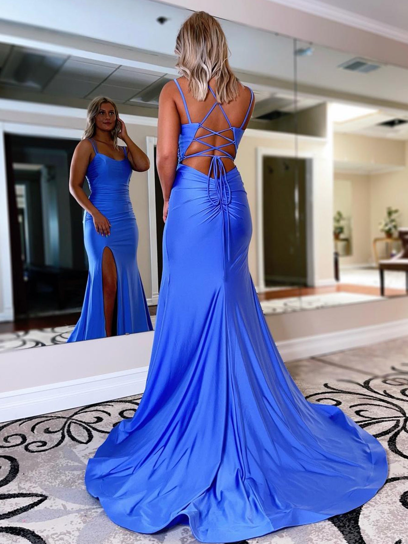 Blue Spaghetti Straps V Neck Long Bodycon Prom Dress