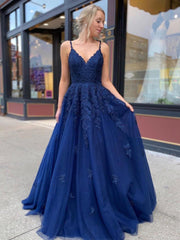 A Line Dark Blue Lace Long Prom Dress