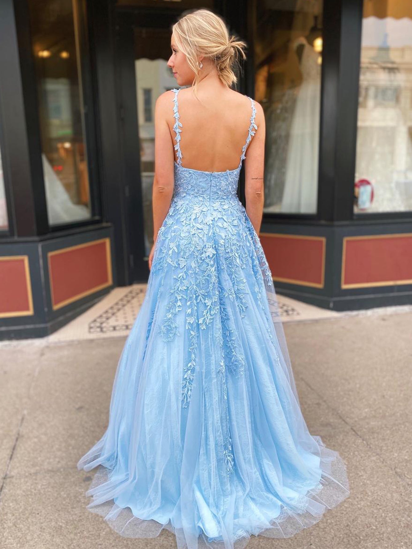 A Line Sky Blue Tulle Long Prom Dress