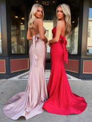 Red Satin Mermaid Tight V Neck Long Prom Dress With Bow Tie