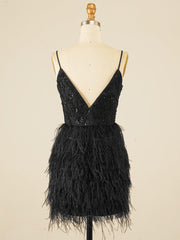 Sparkly Black Homecoming Short Dress with Feathers