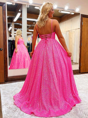 V Neck Glitter Pink Sequins Long Prom Dress