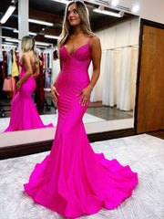 Sparkly Mermaid V Neck Pink Long Prom Dress
