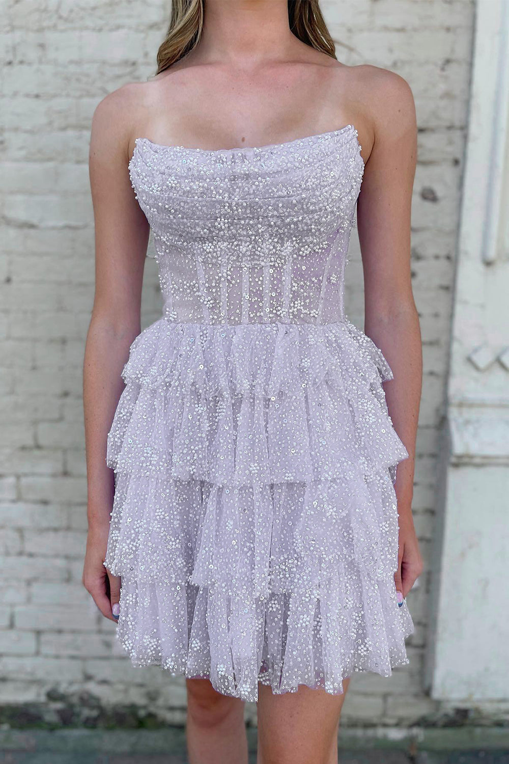Cute A Line Strapless Lilac Corset Homecoming Dress with Ruffles