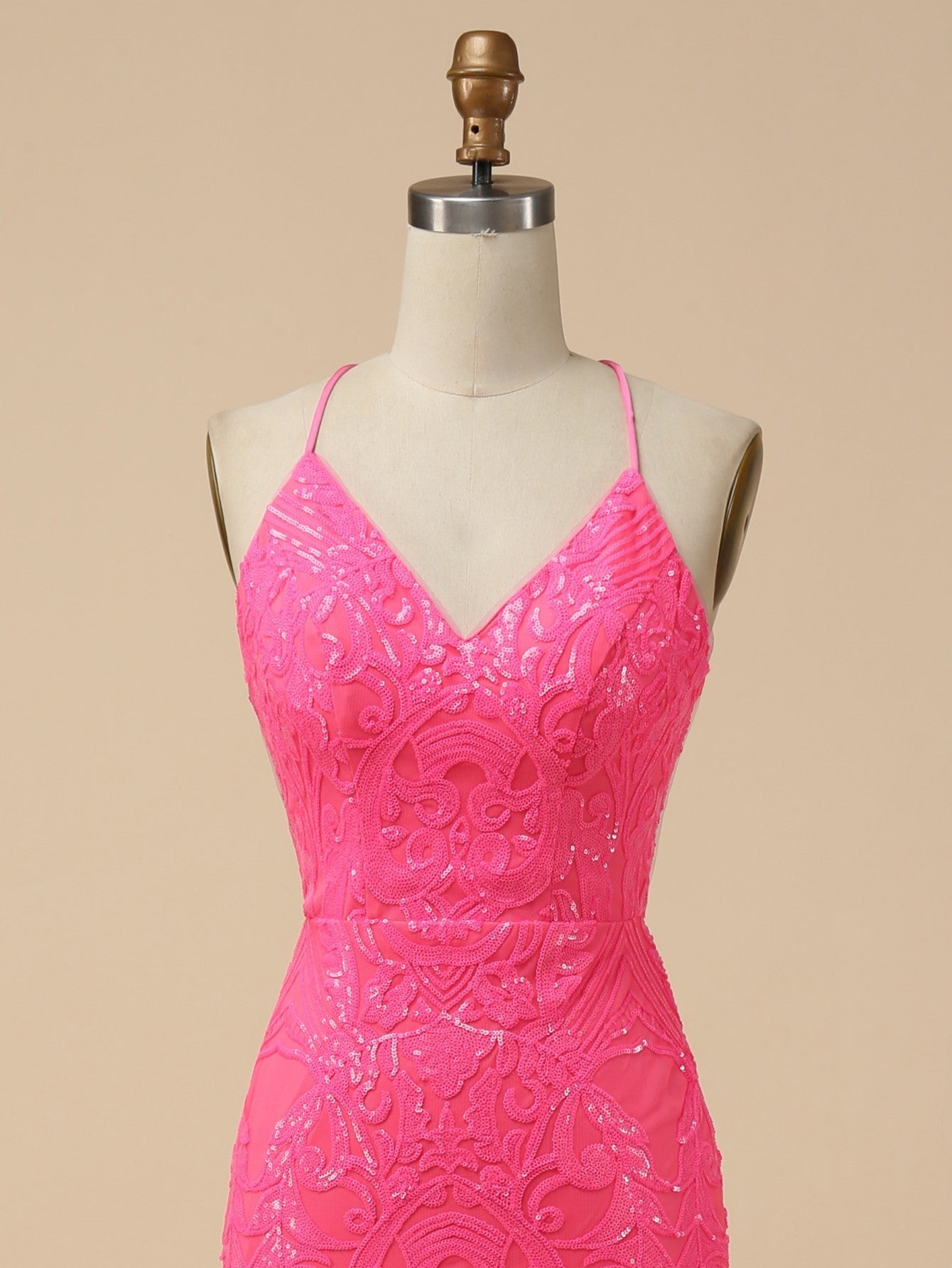 V Neck Pink Glitter Backless Mermaid Bodycon Long Prom Dress