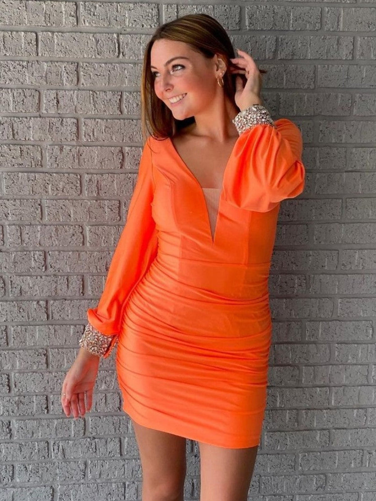Long Sleeves Orange V Neck Homecoming Short Dress